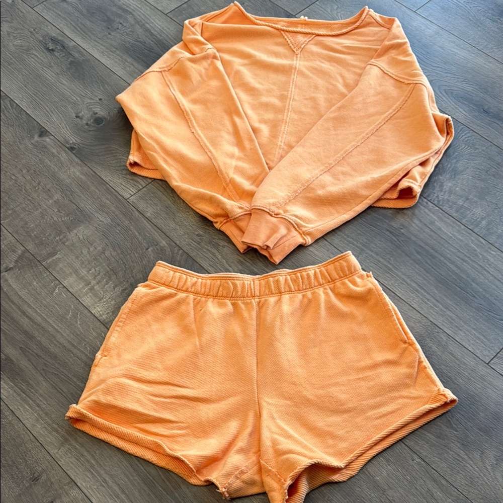 Neon Orange Cropped Sweatshirt and Shorts Set